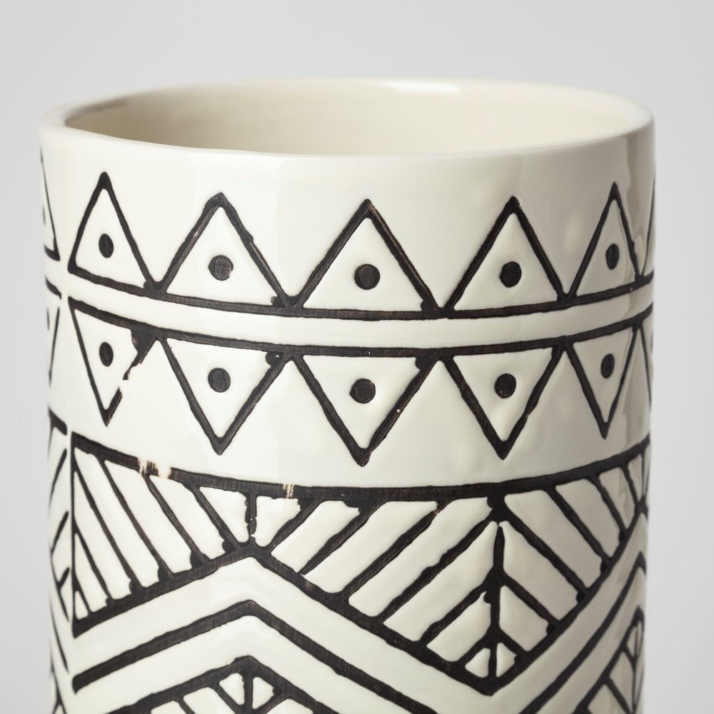 14" Cream Geometric Cylinder Ceramic Table Vase