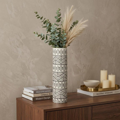 14" Cream Geometric Cylinder Ceramic Table Vase