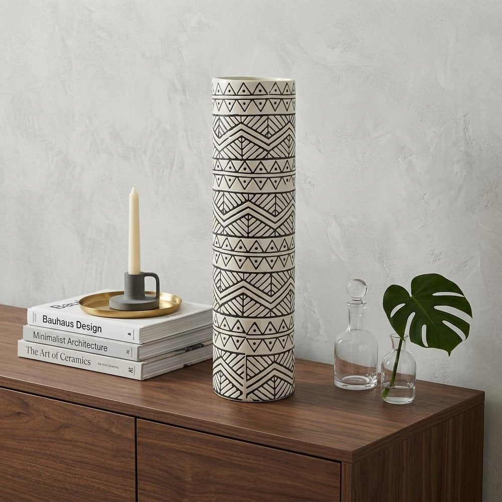 17" Cream and Charcoal Geometric Cylinder Ceramic Vase