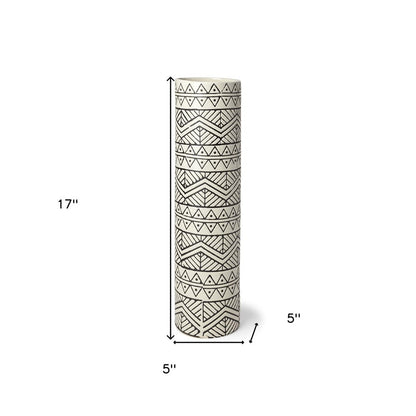 17" Cream and Charcoal Geometric Cylinder Ceramic Vase