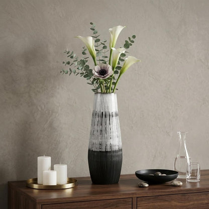 19" Black Gray And White Abstract Cylinder Ceramic Table Vase