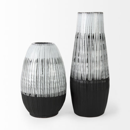 13" Black Gray And White Abstract Cylinder Ceramic Table Vase