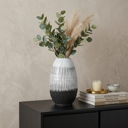 13" Black Gray And White Abstract Cylinder Ceramic Table Vase