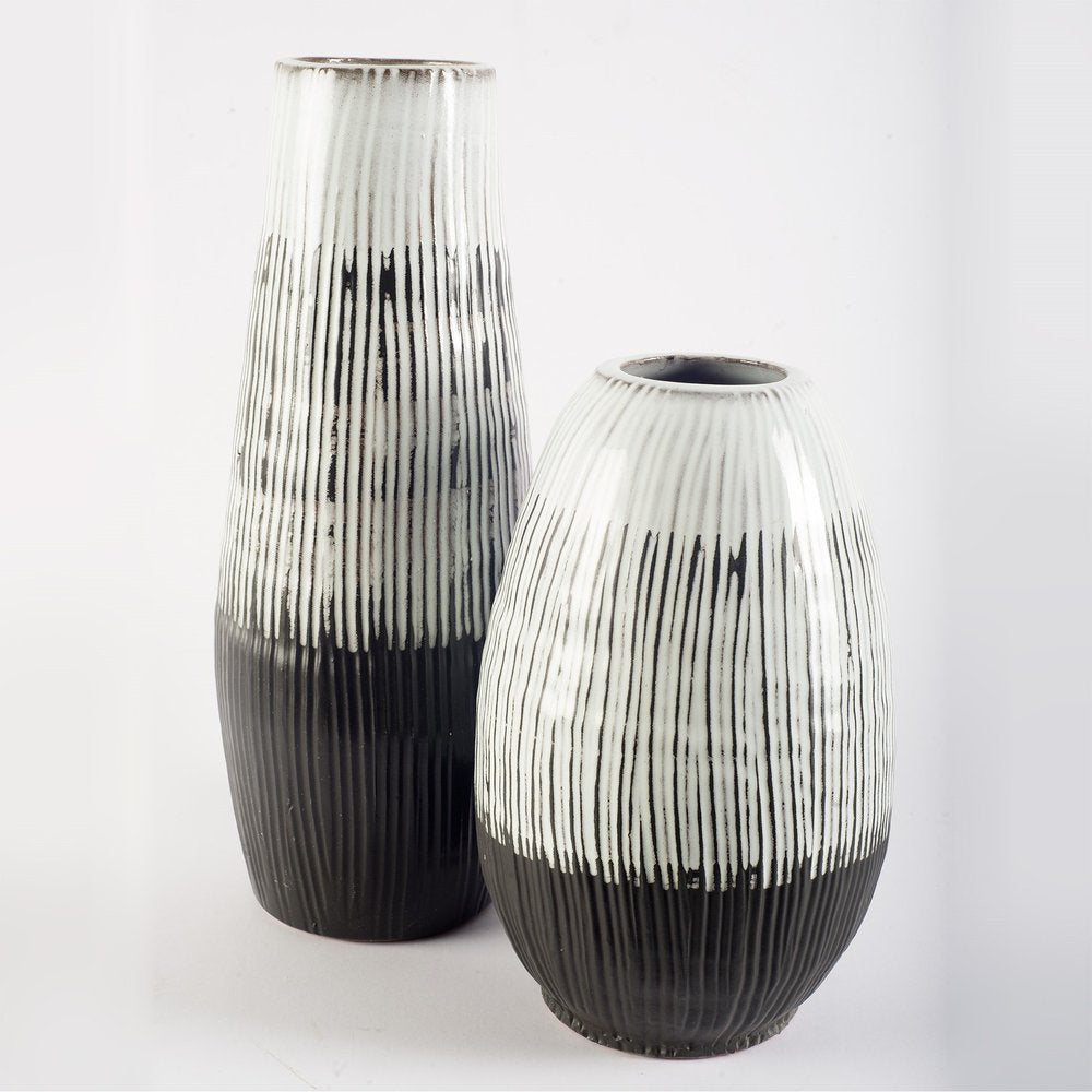 13" Black Gray And White Abstract Cylinder Ceramic Table Vase