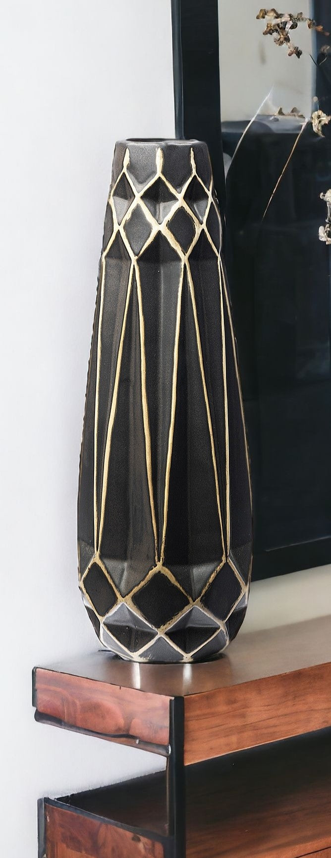 18" Ceramic Black and Gold Abstract Cylinder Table Vase