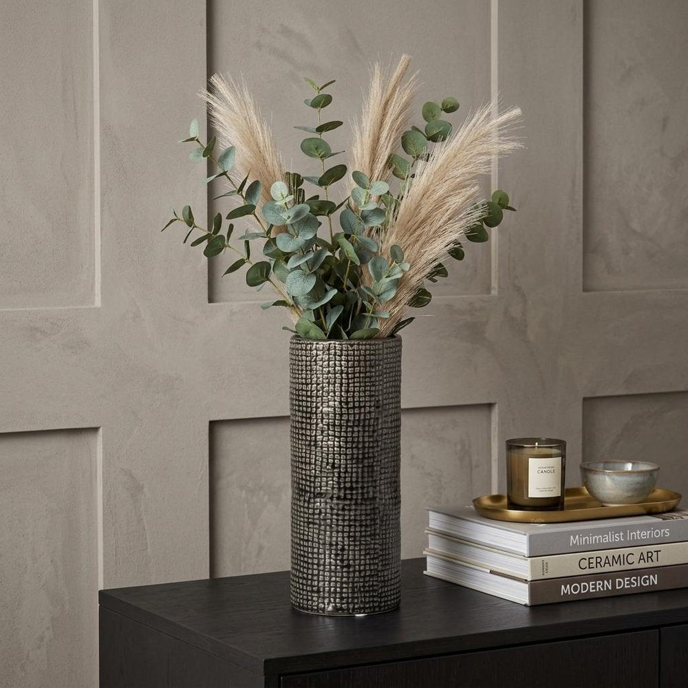 10" Black And Gold Abstract Cylinder Ceramic Table Vase
