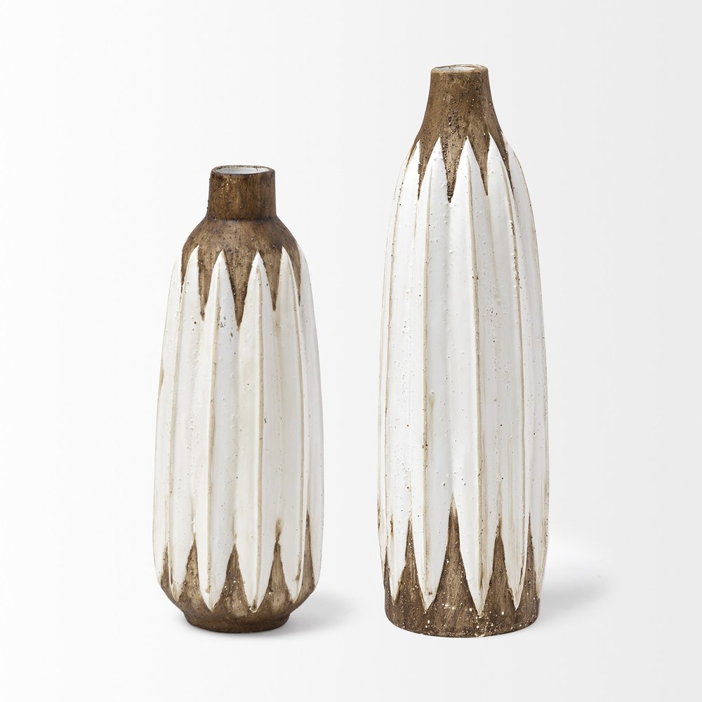 18" Brown And White Abstract Cylinder Ceramic Table Vase