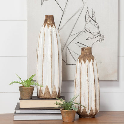 18" Brown And White Abstract Cylinder Ceramic Table Vase