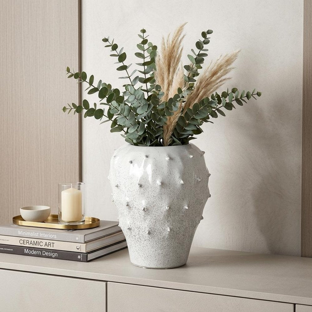 11" White Abstract Cylinder Ceramic Table Vase