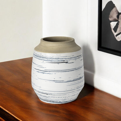 10" Blue Sand And White Abstract Cylinder Ceramic Table Vase