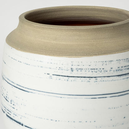 10" Blue Sand And White Abstract Cylinder Ceramic Table Vase