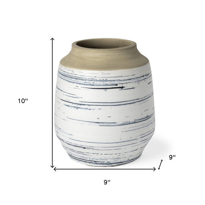 10" Blue Sand And White Abstract Cylinder Ceramic Table Vase