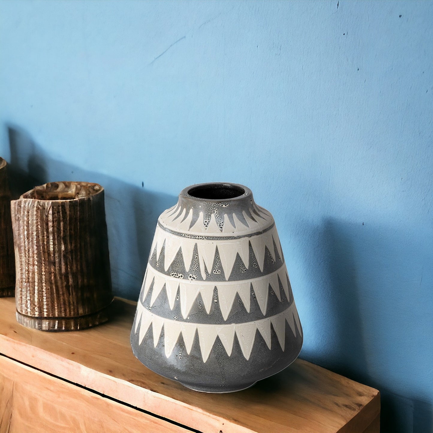 8" Gray and Ivory Geometric Round Ceramic Table Vase