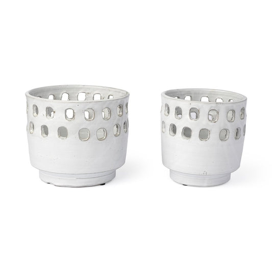 Set of Two White Abstract Cylinder Ceramic Table Vase