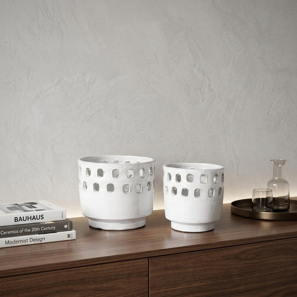 Set of Two White Abstract Cylinder Ceramic Table Vase