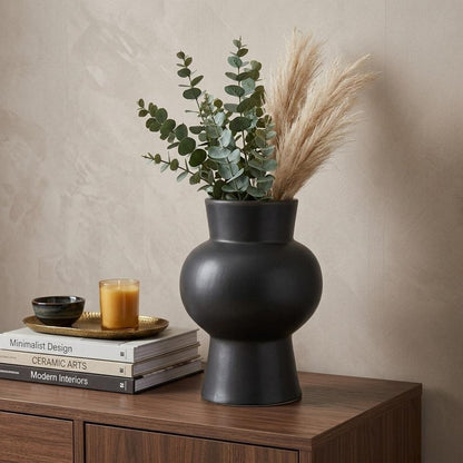 11" Black Abstract Cylinder Ceramic Table Vase
