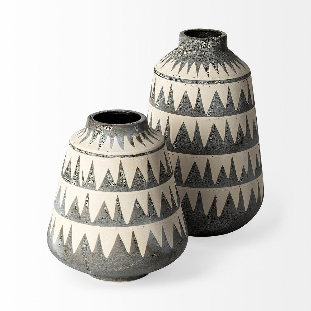 10" Gray And Ivory Geometric Cylinder Ceramic Table Vase