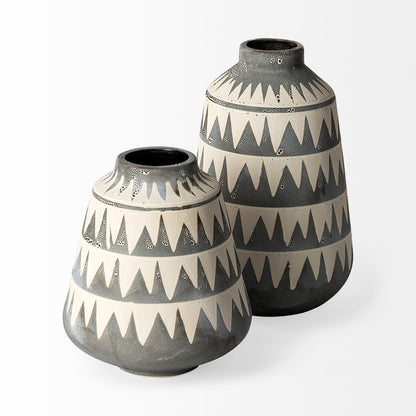 10" Gray And Ivory Geometric Cylinder Ceramic Table Vase