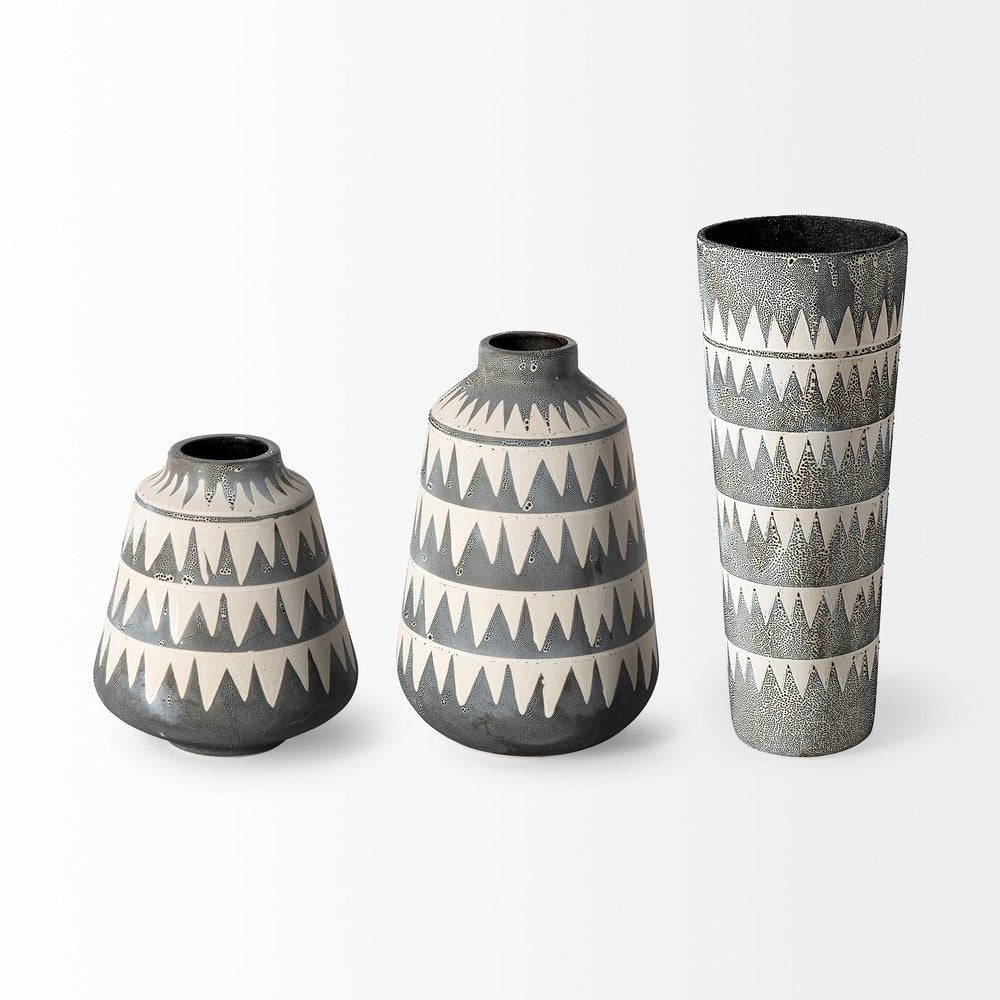 10" Gray And Ivory Geometric Cylinder Ceramic Table Vase