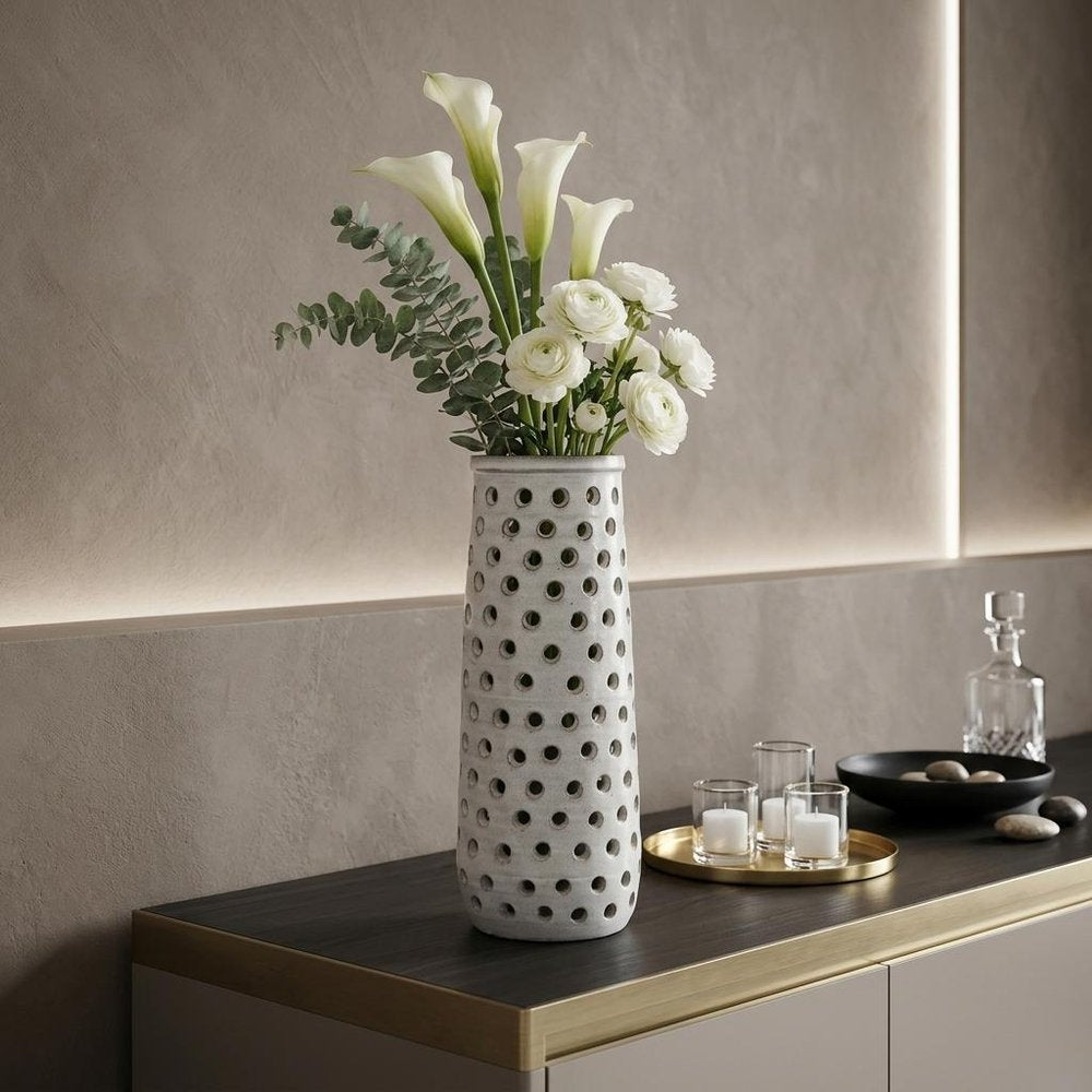 19" White Polka Dots Ceramic Cylinder Table Vase