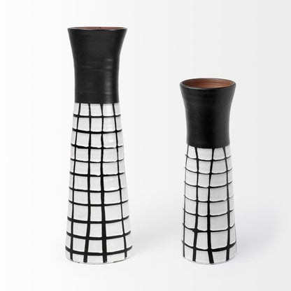 24" Black And White Abstract Cylinder Ceramic Table Vase