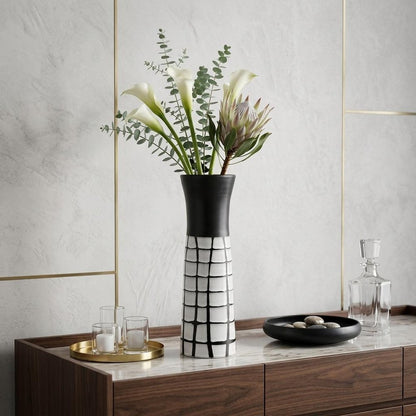 24" Black And White Abstract Cylinder Ceramic Table Vase