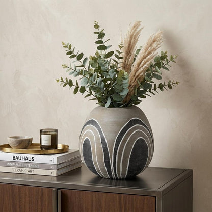 10" Brown And White Abstract Cylinder Ceramic Table Vase