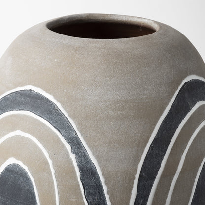 Brown Gray and White Arches Round Ceramic Vase