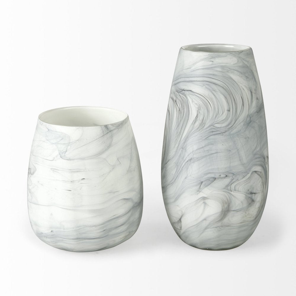 12" Gray And White Abstract Cylinder Crystal Glass Table Vase