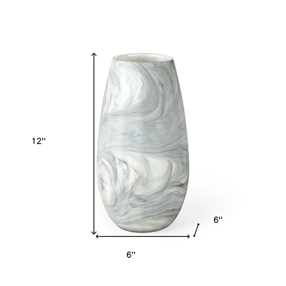 12" Gray And White Abstract Cylinder Crystal Glass Table Vase