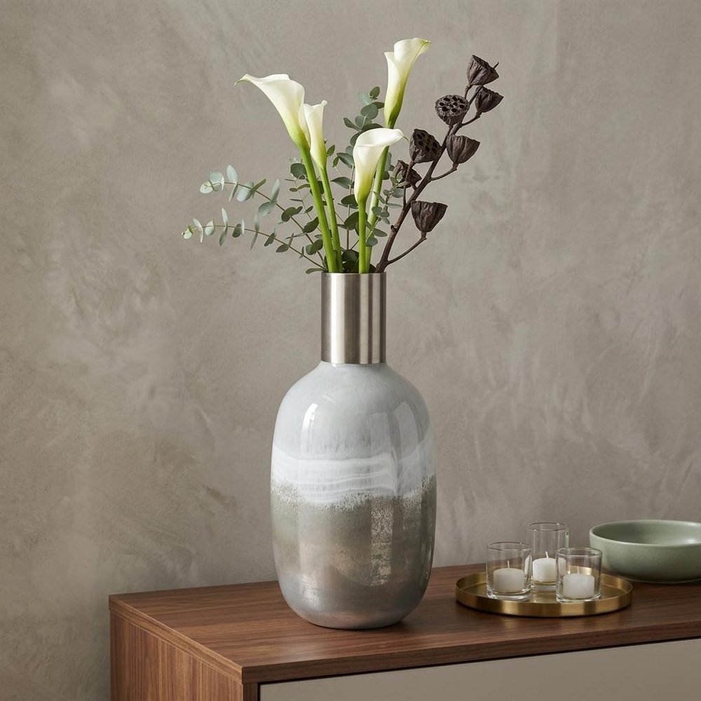 16" Bronze And White Ombre Glass Cylinder Table Vase