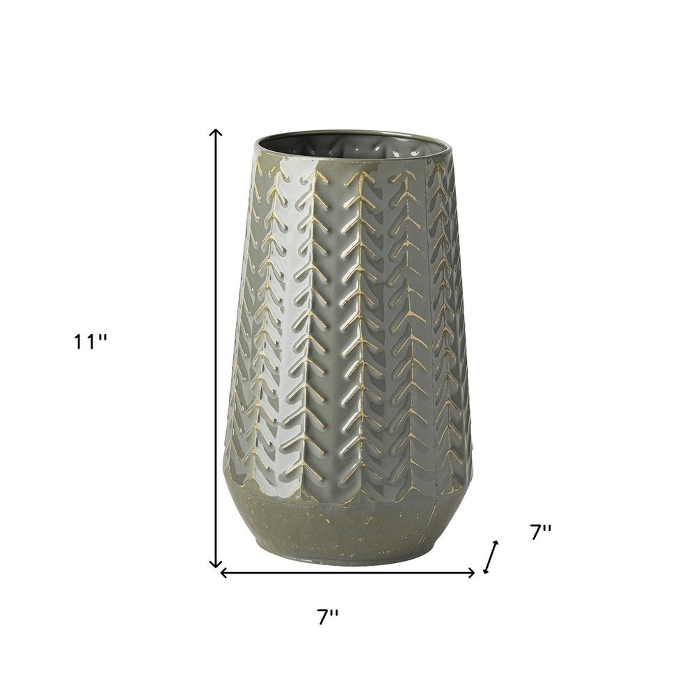 11" Green Abstract Cylinder Metal Table Vase