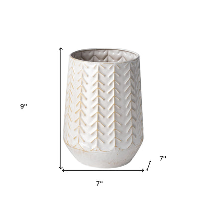 9" White Organically Embossed Chevron Metal Vase