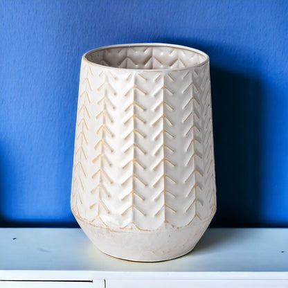 9" White Organically Embossed Chevron Metal Vase