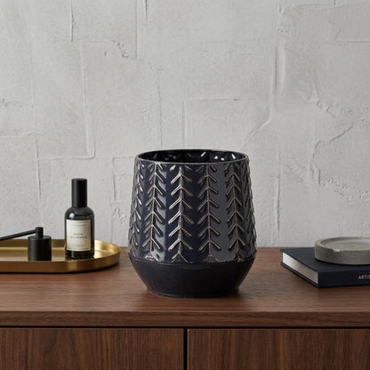 7" Navy Organically Embossed Chevron Metal Vase