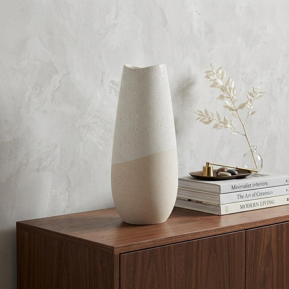 14" Cream Abstract Cylinder Ceramic Table Vase