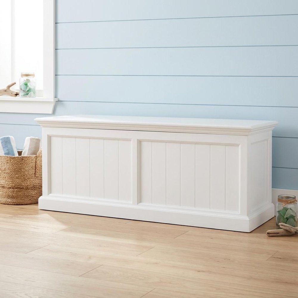 55" White Distressed and Solid and Manufactured Wood Storage Standard Bench With Flip Top