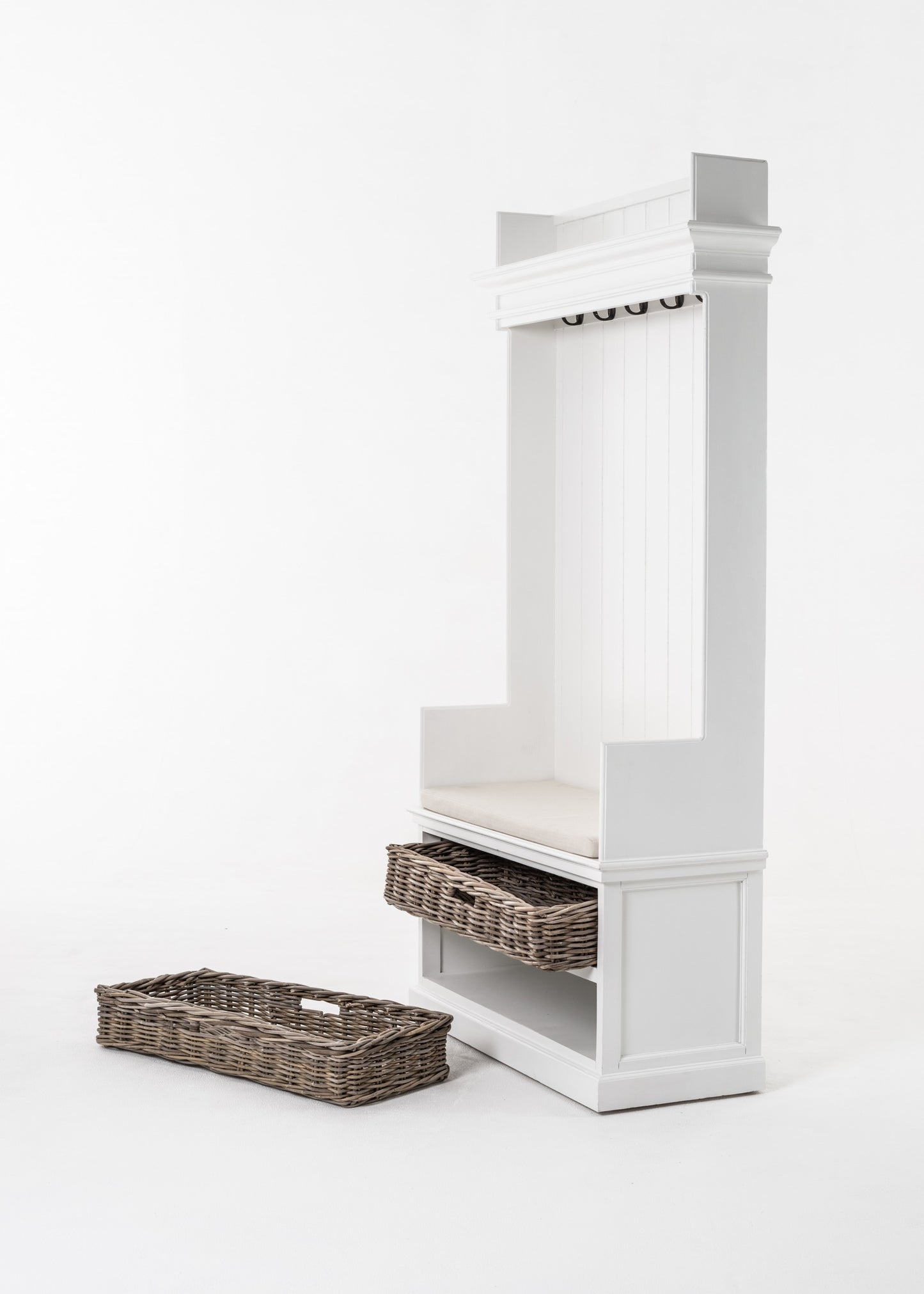 Classic White Entryway Coat Rack and Bench with Baskets