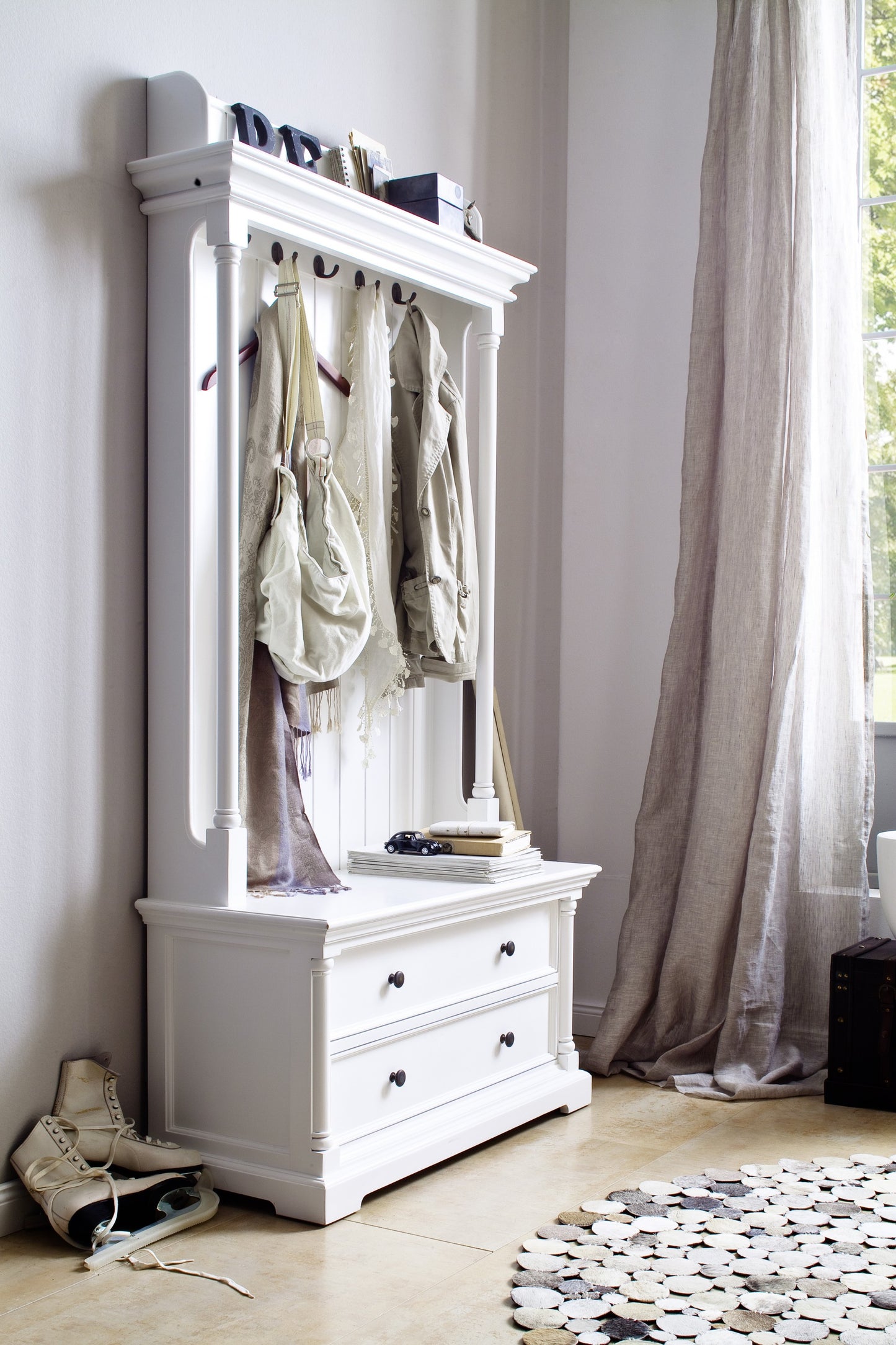 Classic White Hall Tree Coat Rack with Drawers