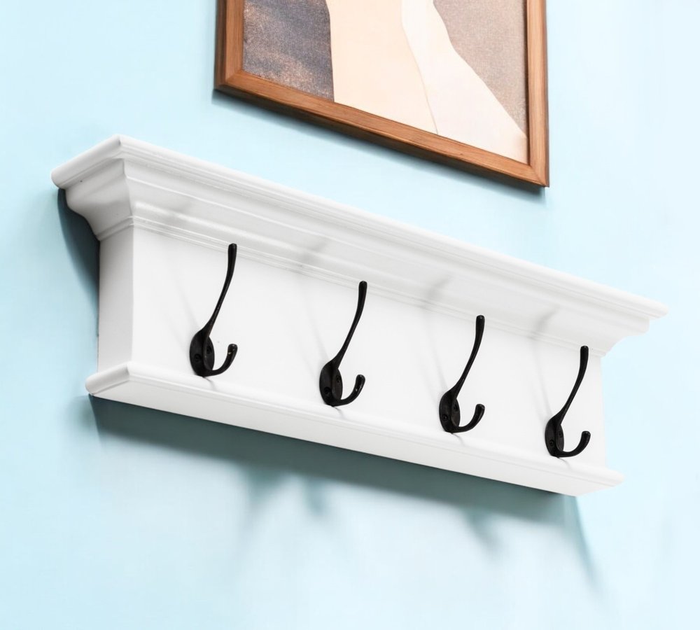 28" Classic White Wood Four Hook Hanging Coat Rack
