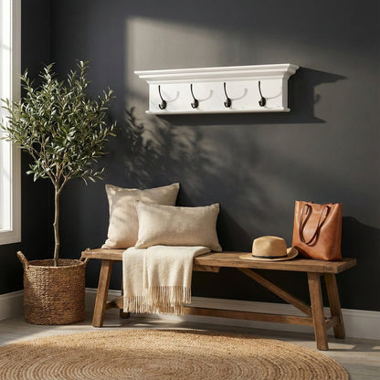 28" Classic White Wood Four Hook Hanging Coat Rack