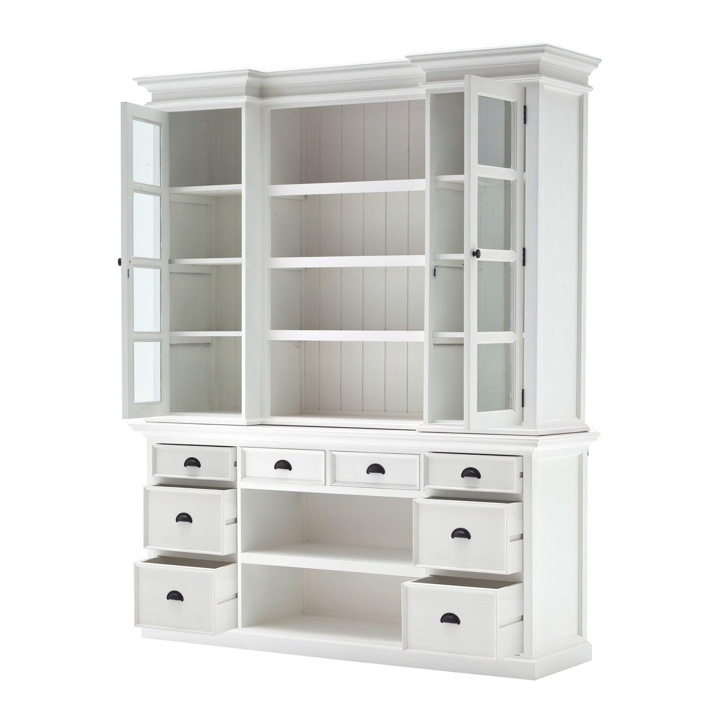 87" White Wood Bookcase with Glass Doors Drawers and Baskets