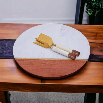 12" Wood and Marble Cheese Board and Knife Set