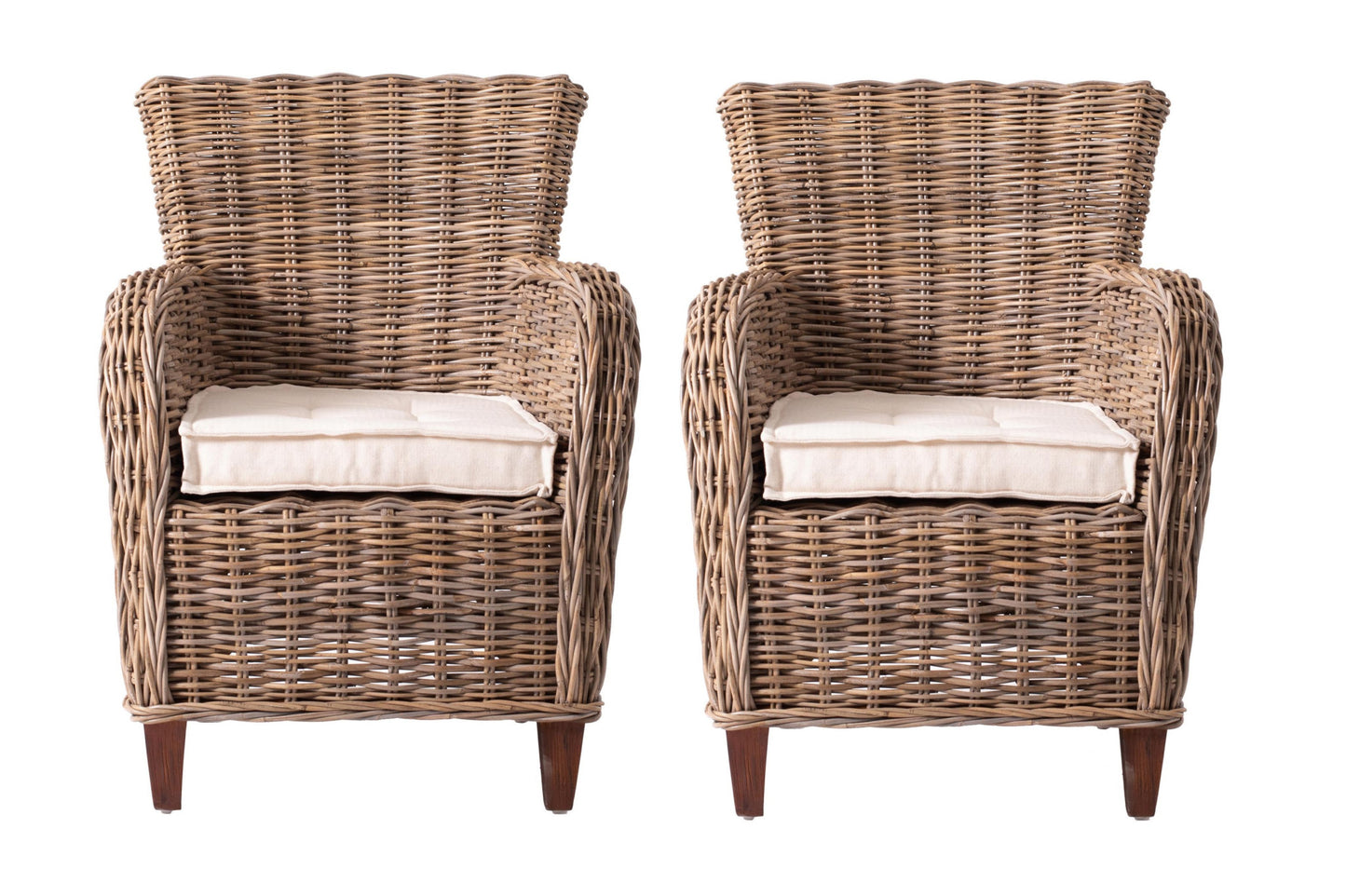 Set Of Two Natural Brown Rattan Wingback Wicker Chairs with Seat Cushions