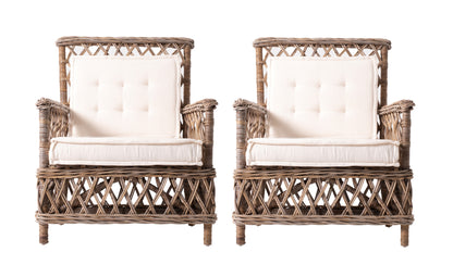 Set of Two Natural Lattice Wicker Arm Chairs with Seat Cushions