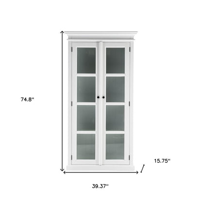 75" White Wood and Glass Double Door Storage Cabinet