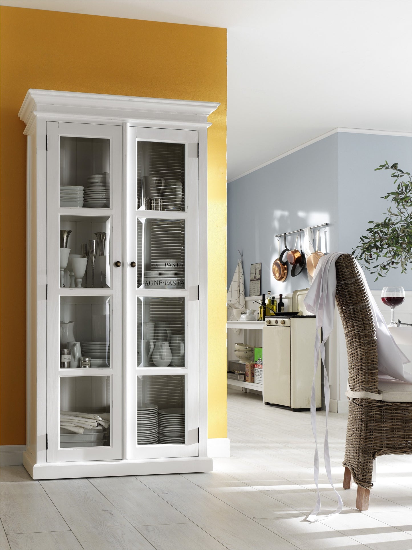 75" White Wood and Glass Double Door Storage Cabinet