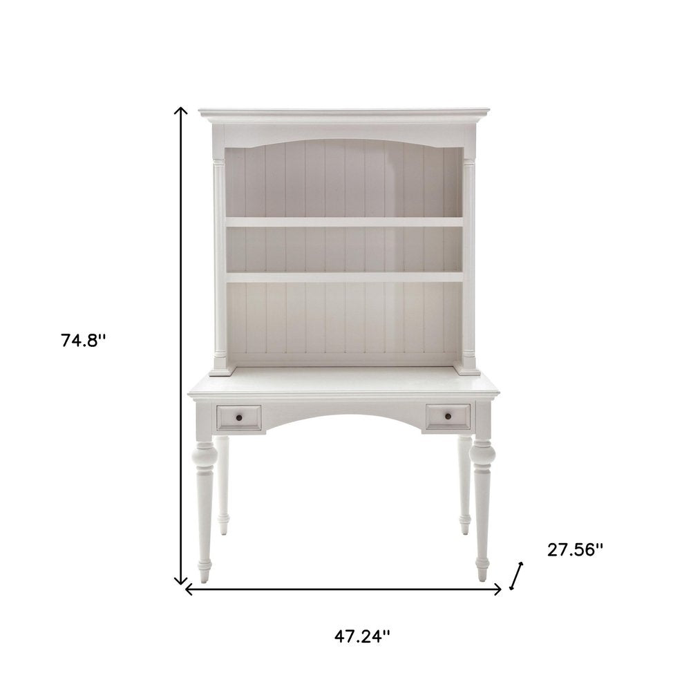47" White Solid Wood Computer Desk With Hutch With Two Drawers