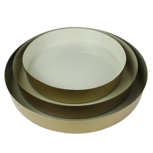 Set of Three Gold And Beige Round Metal Handmade Serving Trays