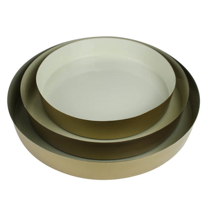 Set of Three Gold And Beige Round Metal Handmade Serving Trays
